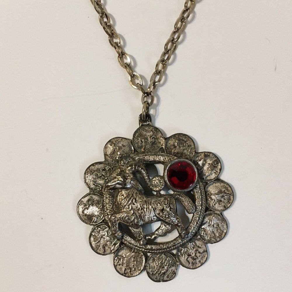 Aries Ram Pendant Necklace 12 Zodiac Signs Silvertone Metal Chain Red Rhinestone